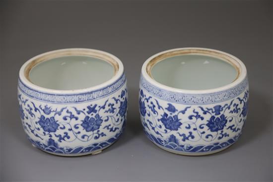 A pair of Chinese blue and white jars and covers, Yongzheng marks but later, D. 13.5cm